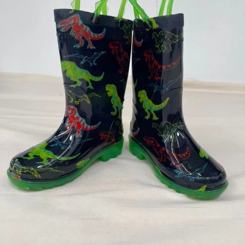 Western Chief Dinosaur Rain Boots with green and red dinosaurs